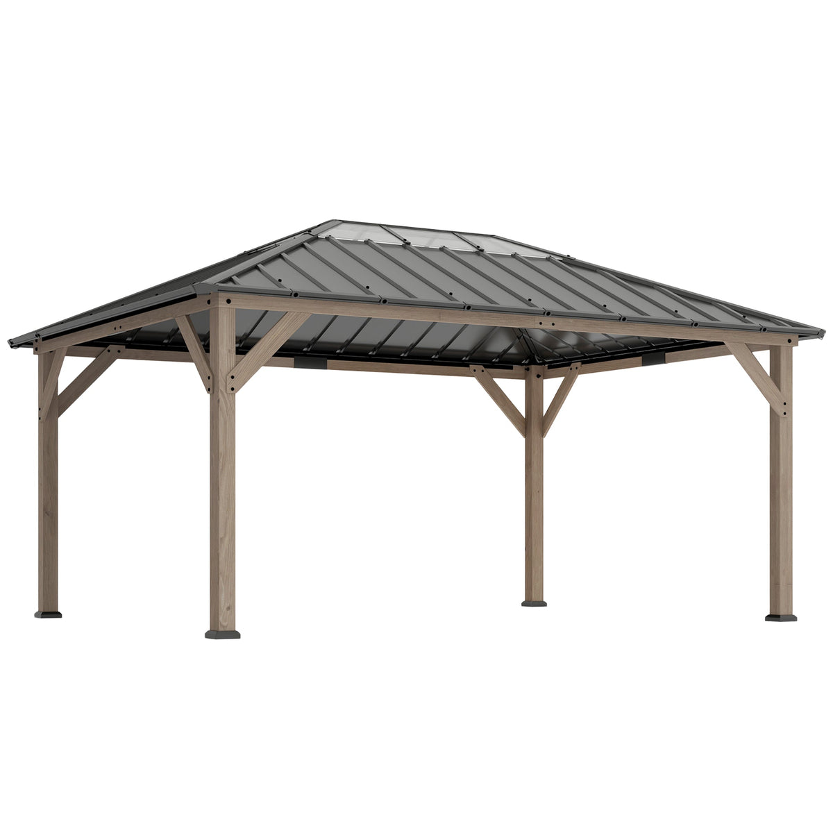 12' x 16' Wood Hardtop Gazebo with Clear Roof, Light Walnut