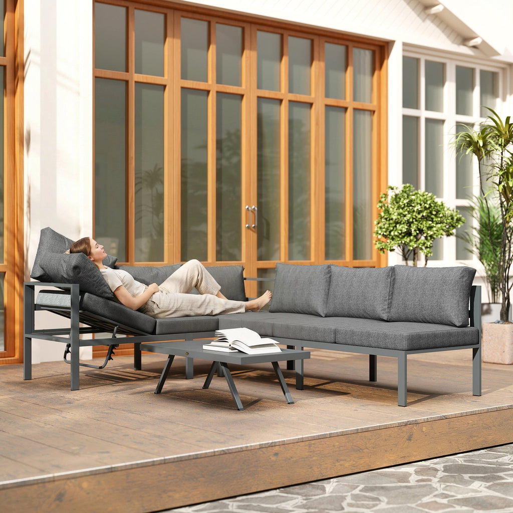 3 Piece Aluminium Corner Lounge Set with Adjustable Backrest, Dark Grey