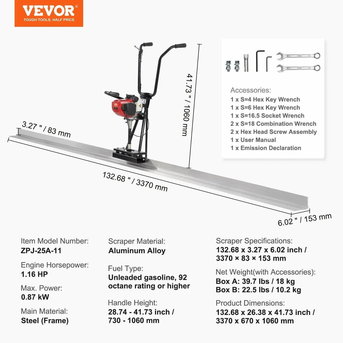 Gas Concrete Screed, 4-Stroke Vibrating Motor, Heavy-Duty Paving Tool, Smooth Finishing Performance, DOBA-GCS4