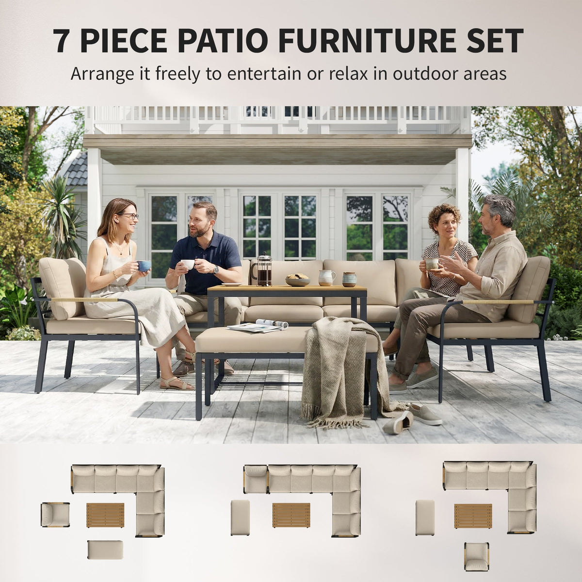 7 Seater Garden Furniture Set with Faux Wood Table, Khaki