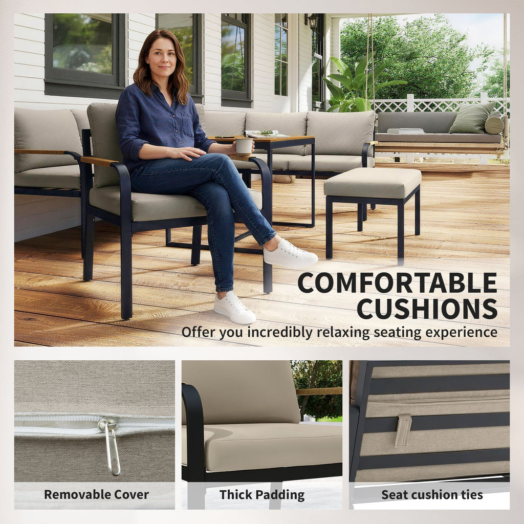 7 Seater Garden Furniture Set with Faux Wood Table, Khaki