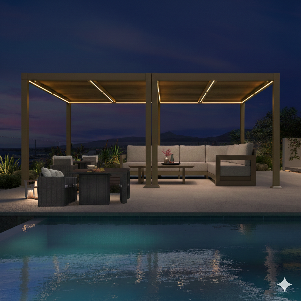 PURPLE LEAF Caesar Solar Louvered Pergola with LED Strip Lights and Control Panel Aluminum Outdoor Pergola with Adjustable Roof for Patio Deck Garden Yard Champagne