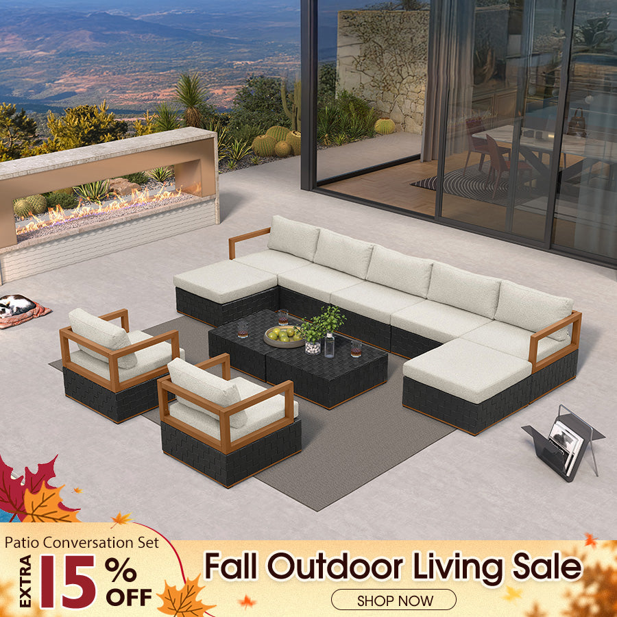PURPLE LEAF Griffin Classical Patio Conversation Set Black with Cushion Pillows Ottoman and Premium Leather for Backyard Outdoor Living