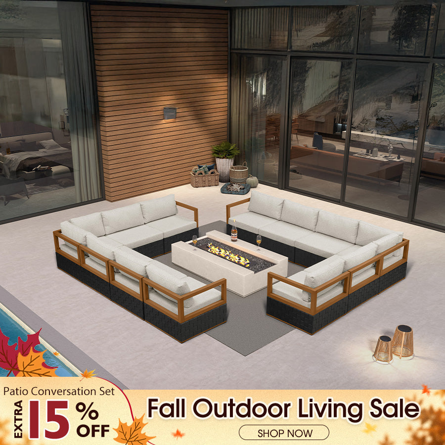 PURPLE LEAF Griffin L-shaped Patio Conversation Set Black with Cushion Pillows Ottoman and Premium Leather for Patio Balcony
