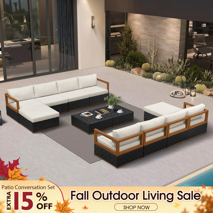 PURPLE LEAF Griffin Symmetrical Patio Conversation Set Black with Cushion Pillows Ottoman and Premium Leather for Luxury Outdoor Living