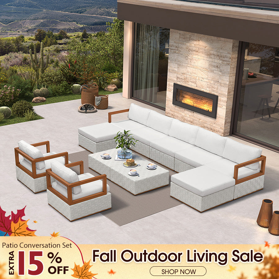 PURPLE LEAF Griffin Classical Patio Conversation Set White with Cushion Pillows Ottoman and Premium Leather for Backyard Outdoor Living
