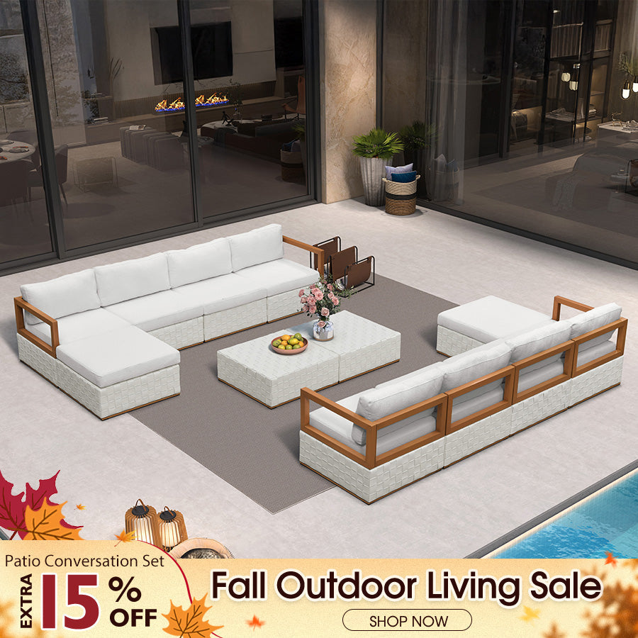 PURPLE LEAF Griffin Symmetrical Patio Conversation Set White with Cushion Pillows Ottoman and Premium Leather for Luxury Outdoor Living