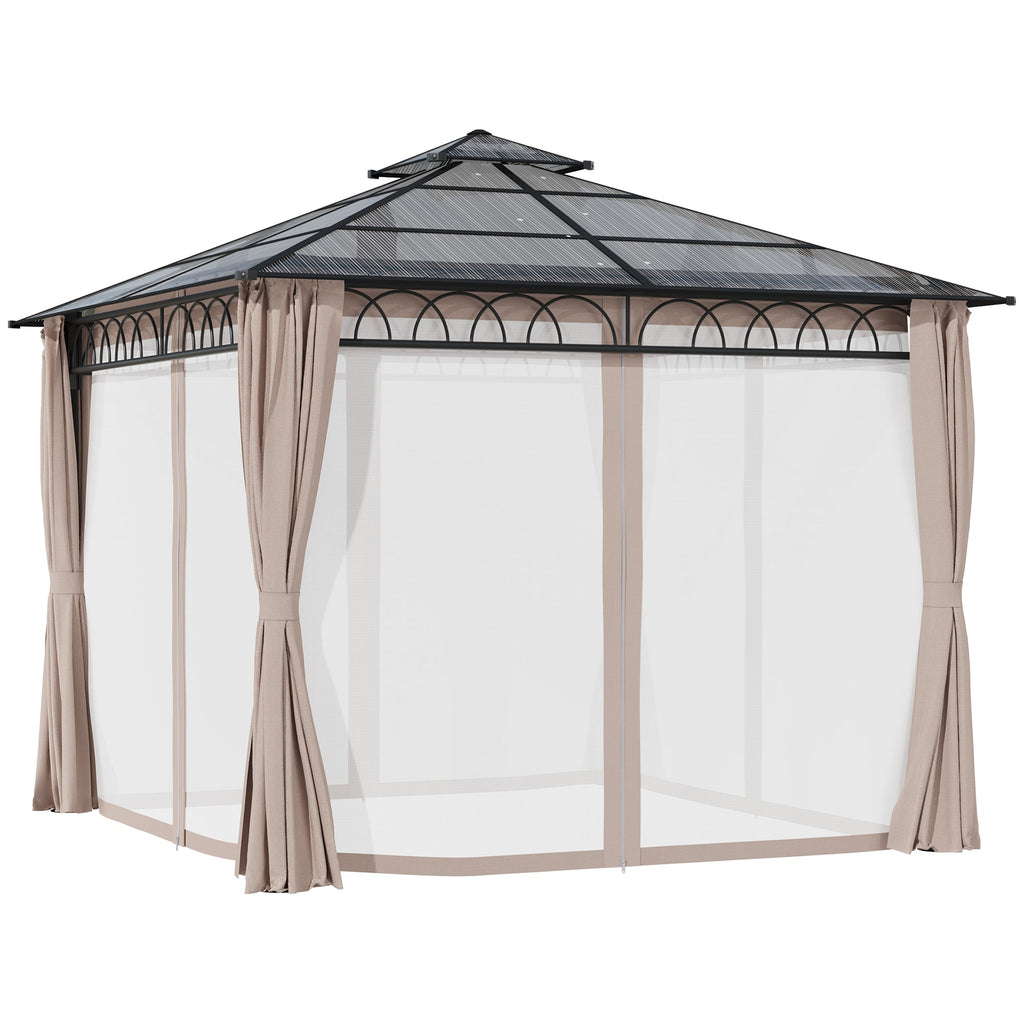 3 x 3m Polycarbonate Hardtop Gazebo with Curtains & Netting, Khaki
