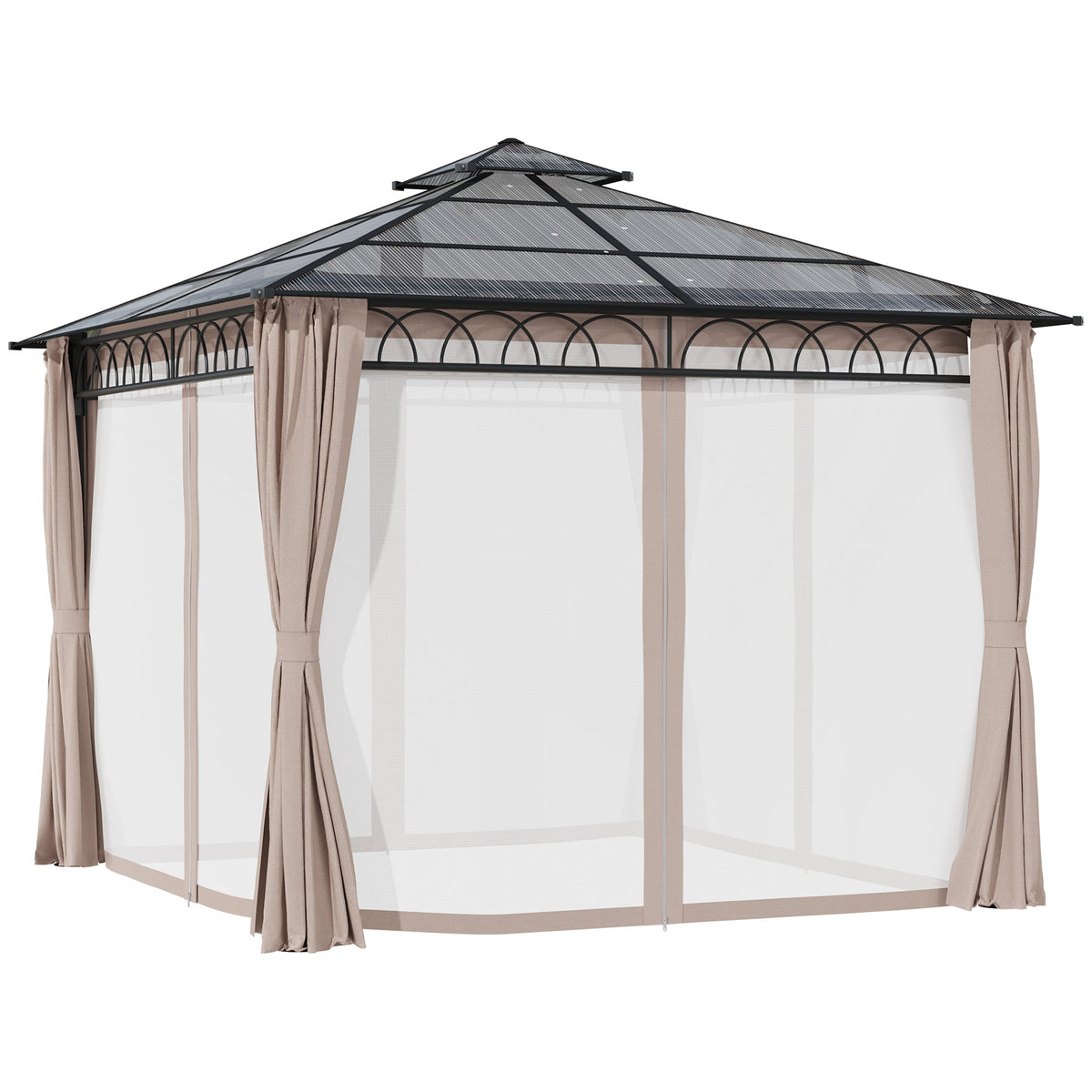 3 x 3m Polycarbonate Hardtop Gazebo with Curtains & Netting, Khaki