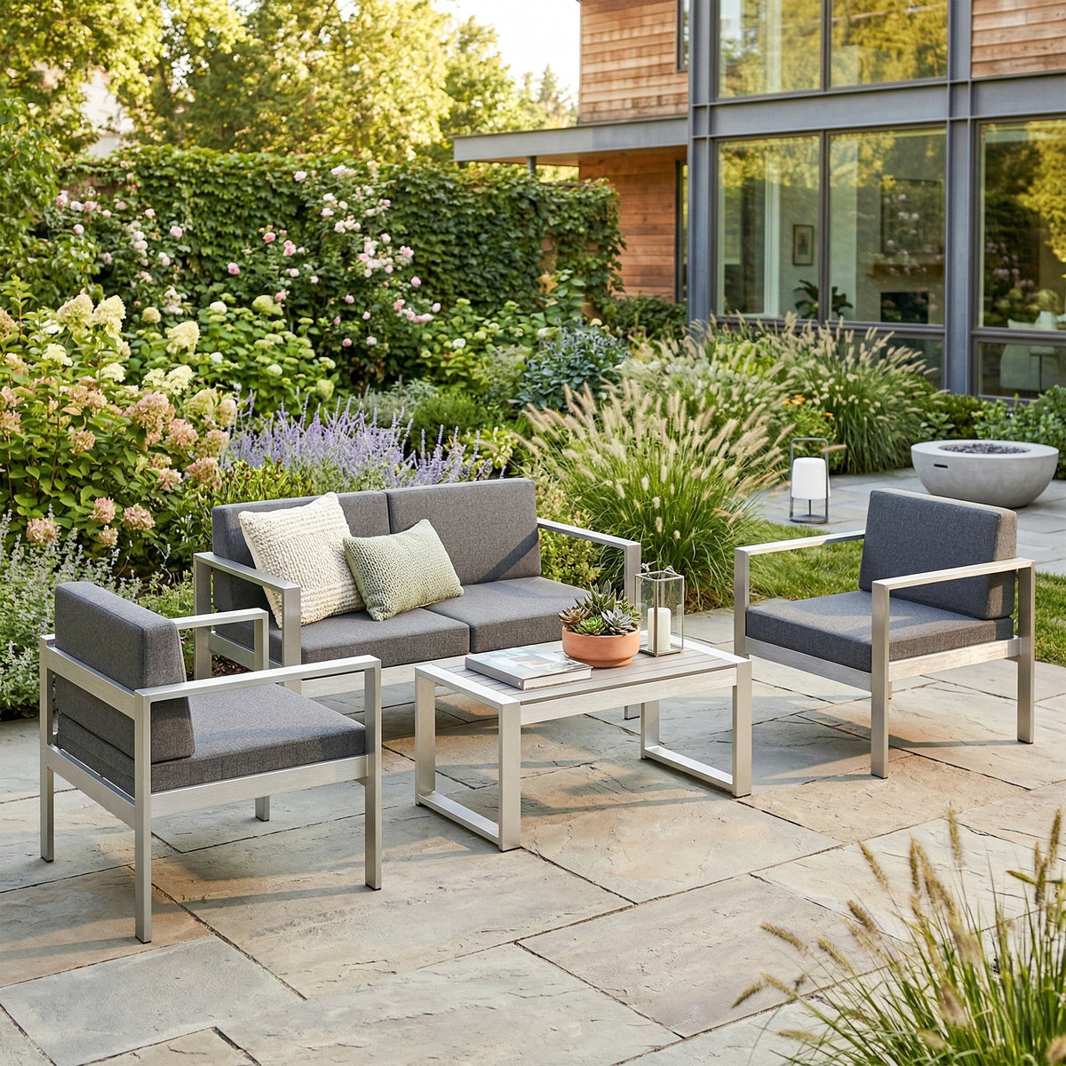 4-Seater Aluminium Sofa Set with Faux Wood Table and Olefin Cushions, Dark Grey