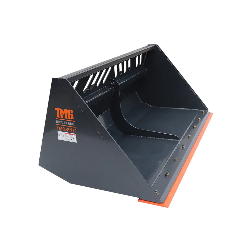 Heavy-Duty 72" Skid Steer Snow/Mulch Bucket, Bolt-On Cut Edge, 1500-lb Weight Capacity, Universal Quick Mount, TMG-SN72