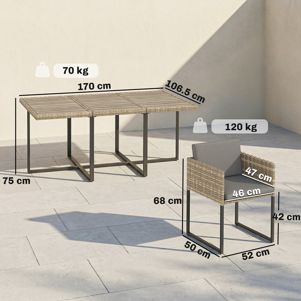 7-Piece Light Brown Rattan Dining Set with WPC Table, 6 Chairs & 12 Cushions