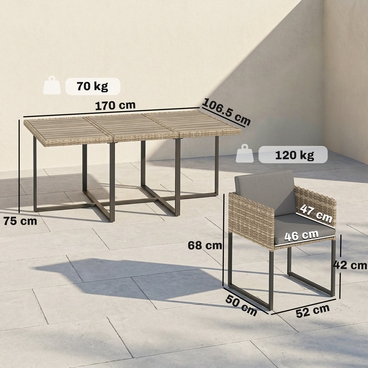 7-Piece Light Brown Rattan Dining Set with WPC Table, 6 Chairs & 12 Cushions