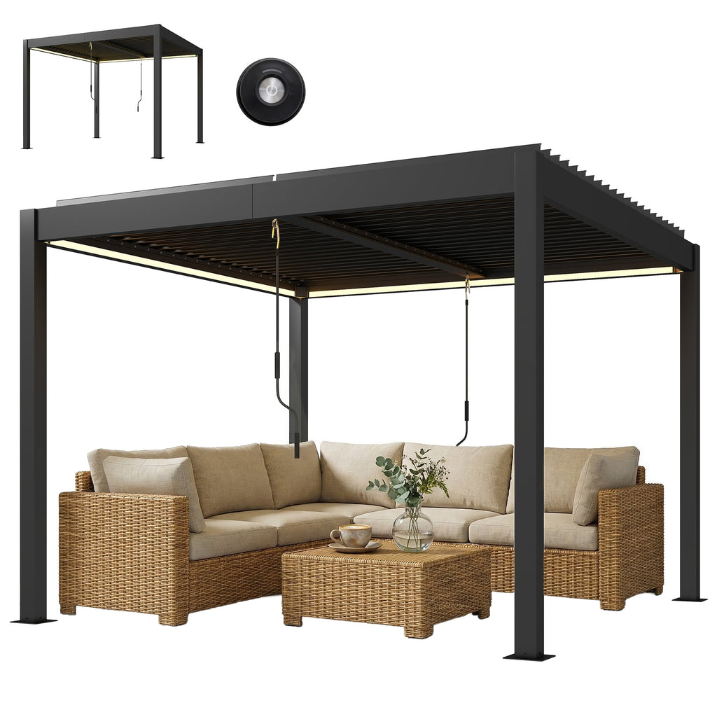 Louvered Pergola 3 x 3 m Dark Grey with Adjustable Roof, LED Lights & Remote