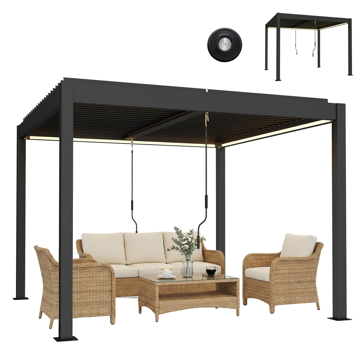 Louvered Pergola 3 x 3 m Dark Grey with Adjustable Roof, LED Lights & Remote