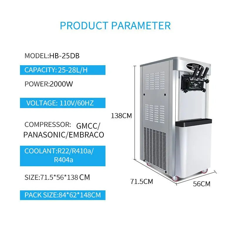 25–30L/H Ice Cream Machine, 2 x 6L Hoppers, 2000W Power, Commercial Soft Serve Maker, DOBA-ICM25