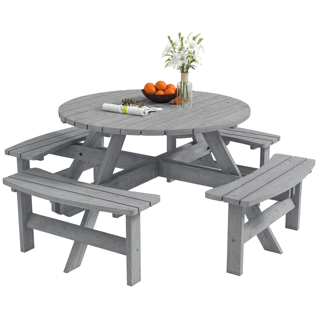 Wooden Patio Dining Set for 8 with Round Table and 4 Benches, Grey