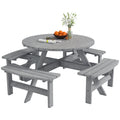 Wooden Patio Dining Set for 8 with Round Table and 4 Benches, Grey