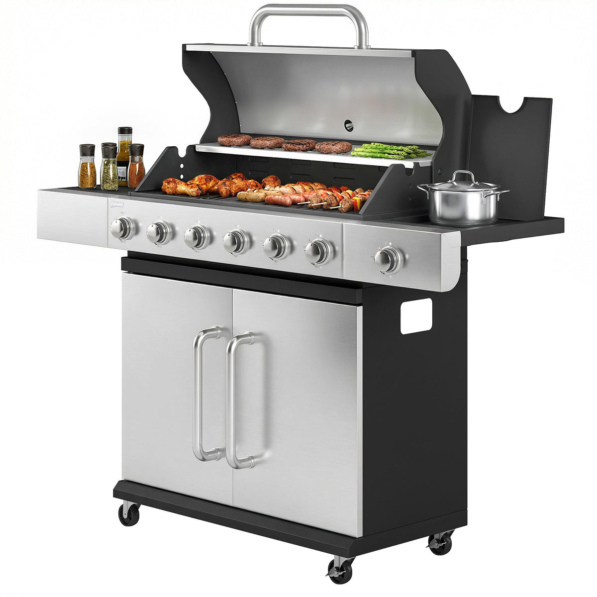 6 Burner Propane Gas Grill with Side Burner, 63,000 BTU , Warming Rack & Cabinet