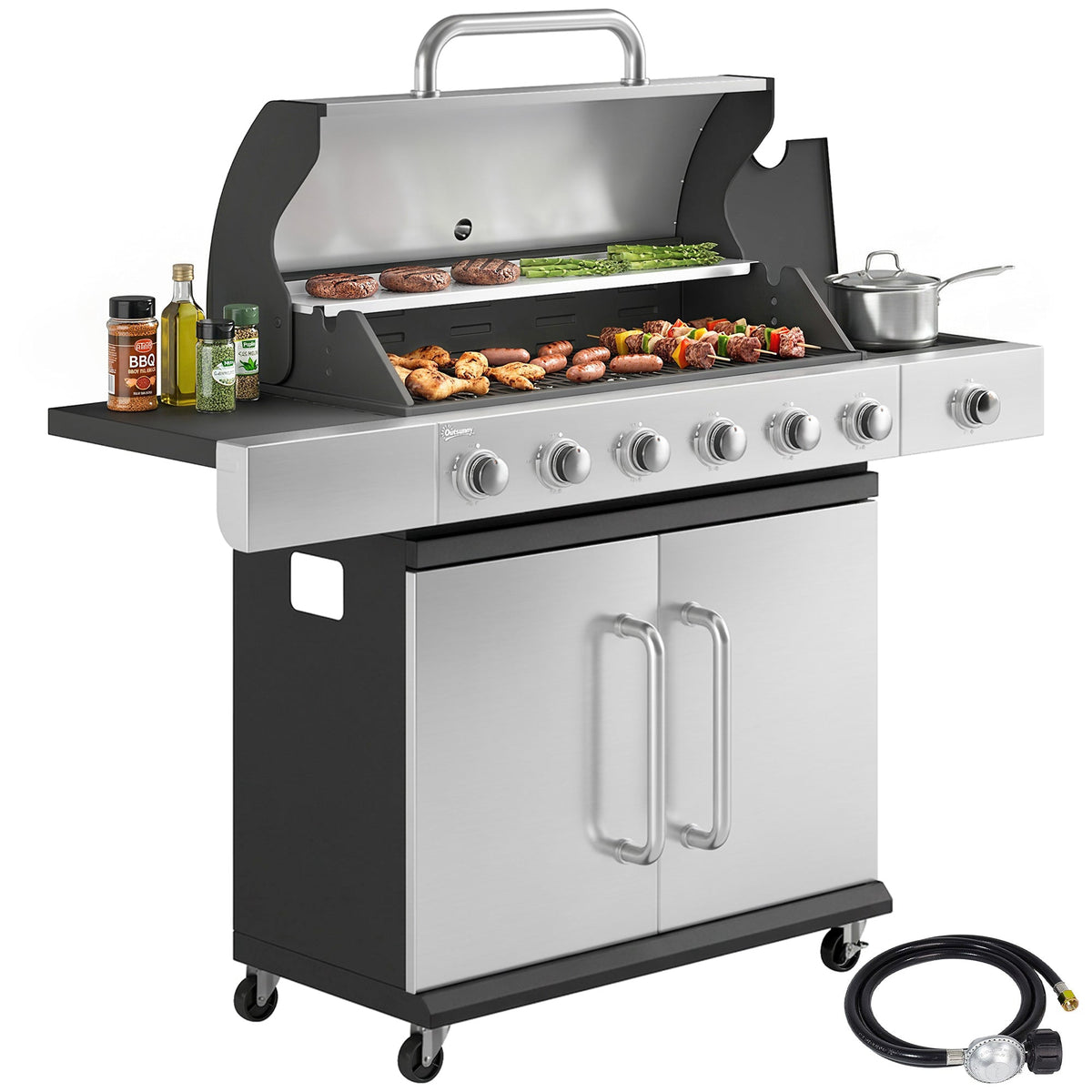 6 Burner Propane Gas Grill with Side Burner, 63,000 BTU , Warming Rack & Cabinet