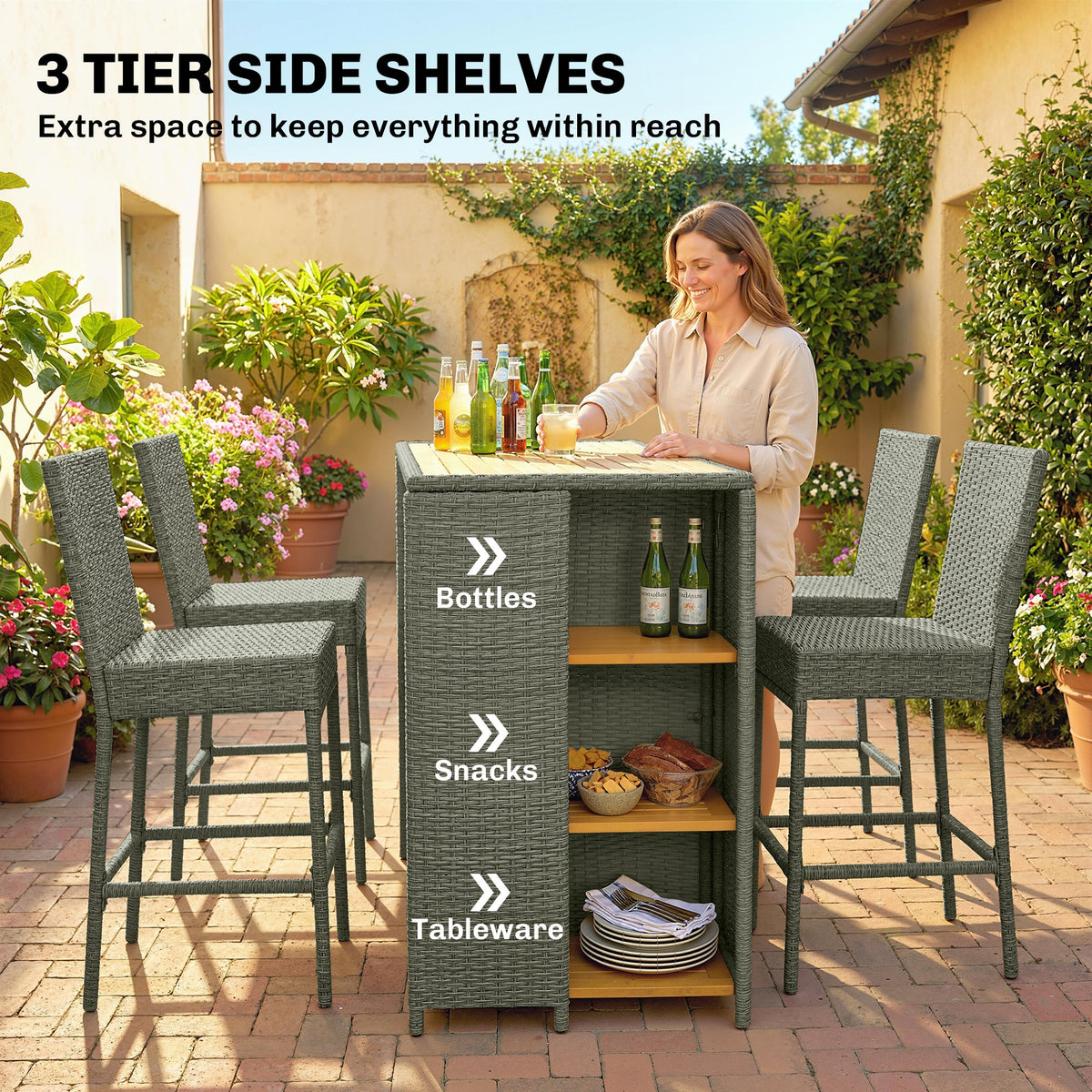 5 Piece Outdoor Bar Set with Storage Table and Cushions, Gray