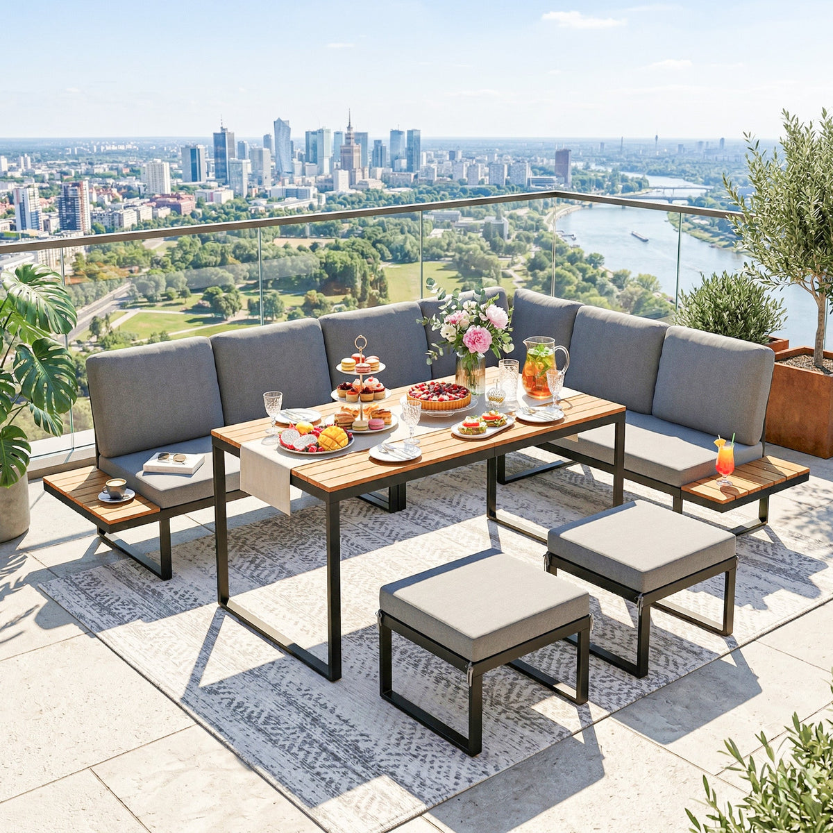 FlexNook 6-Piece Corner Sofa Set for 6-8, Aluminium Frame with Cushions, Grey