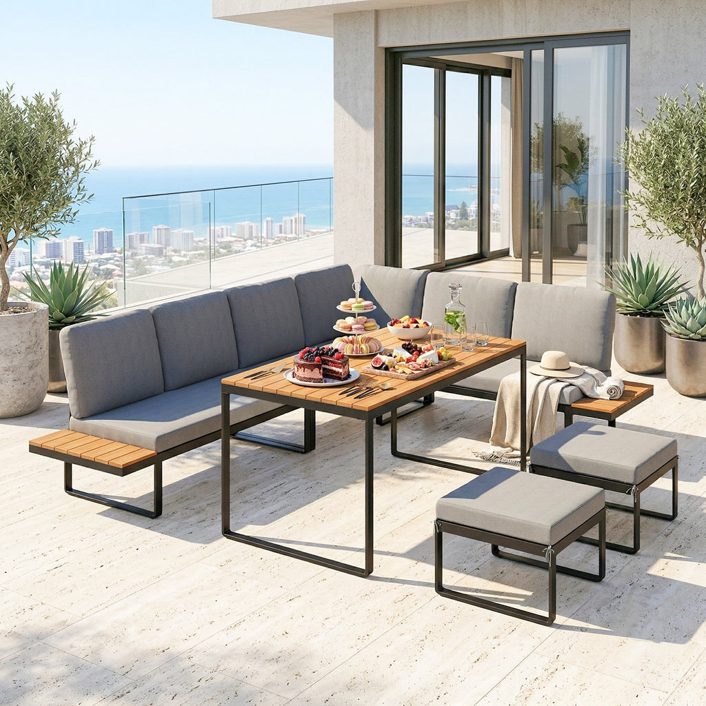 FlexNook 6-Piece Corner Sofa Set for 6-8, Aluminium Frame with Cushions, Grey