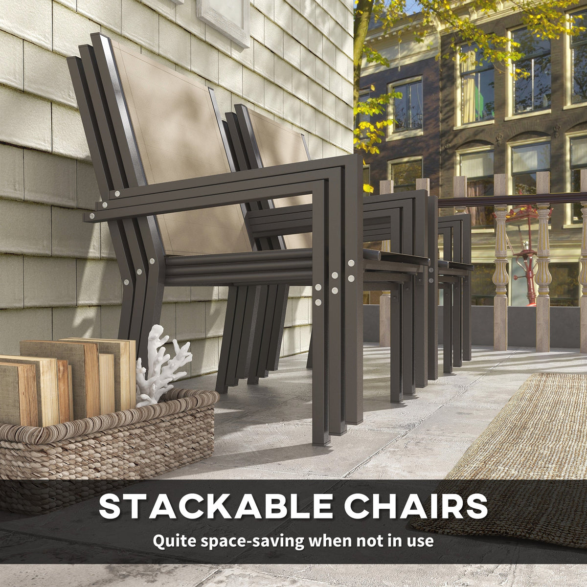 7pc Patio Dining Set with WPC Table and 6 Stackable Chairs, Khaki