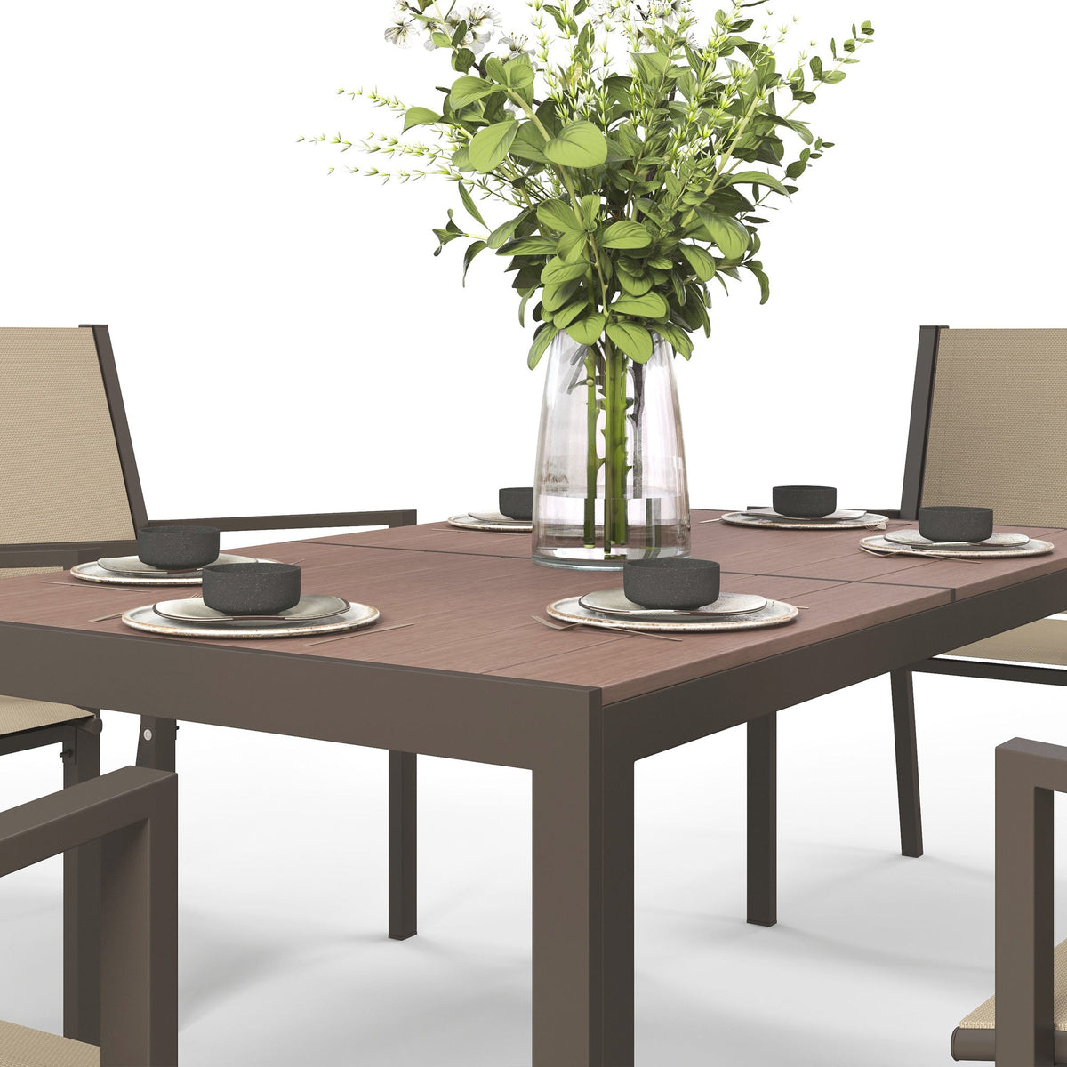 7pc Patio Dining Set with WPC Table and 6 Stackable Chairs, Khaki