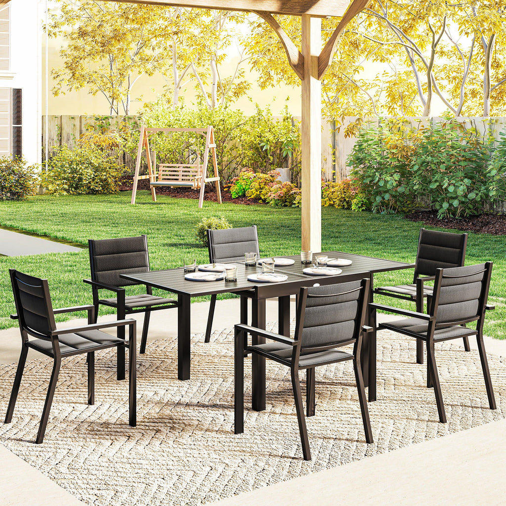7pc Patio Dining Set with Expandable Table and Stackable Chairs, Black