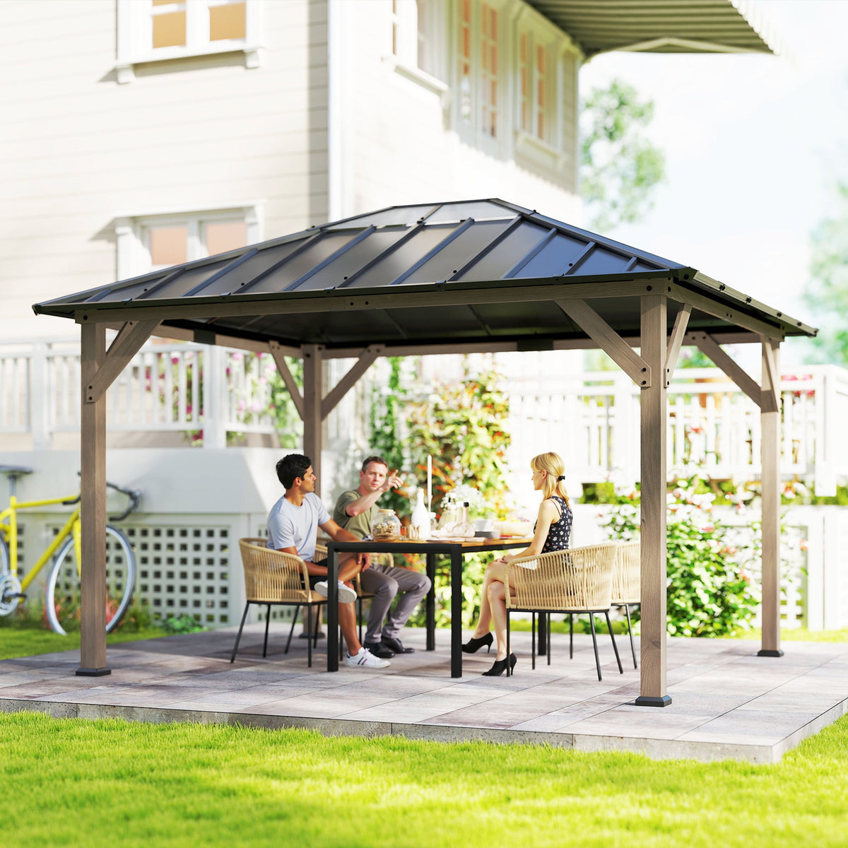 10' x 12' Wood Hardtop Gazebo with Clear Roof, Light Walnut
