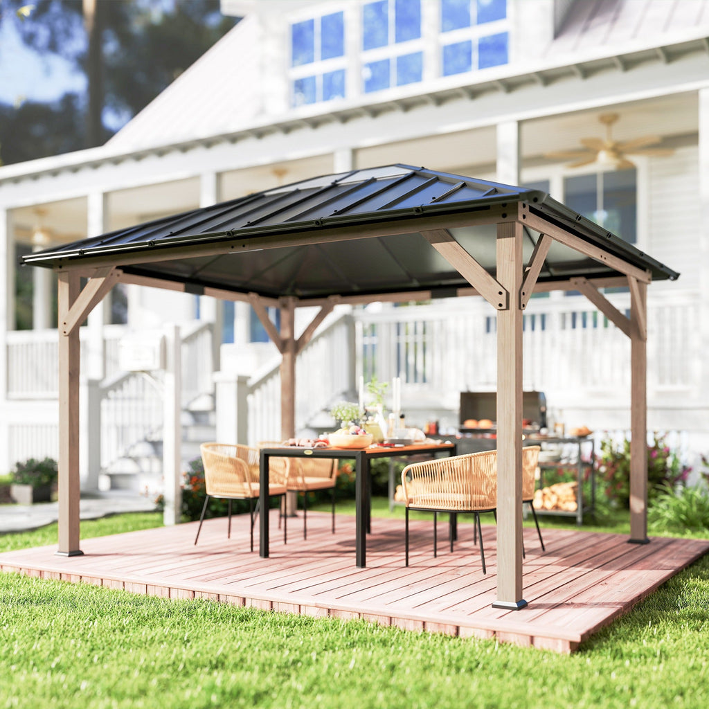 10' x 12' Wood Hardtop Gazebo with Clear Roof, Light Walnut