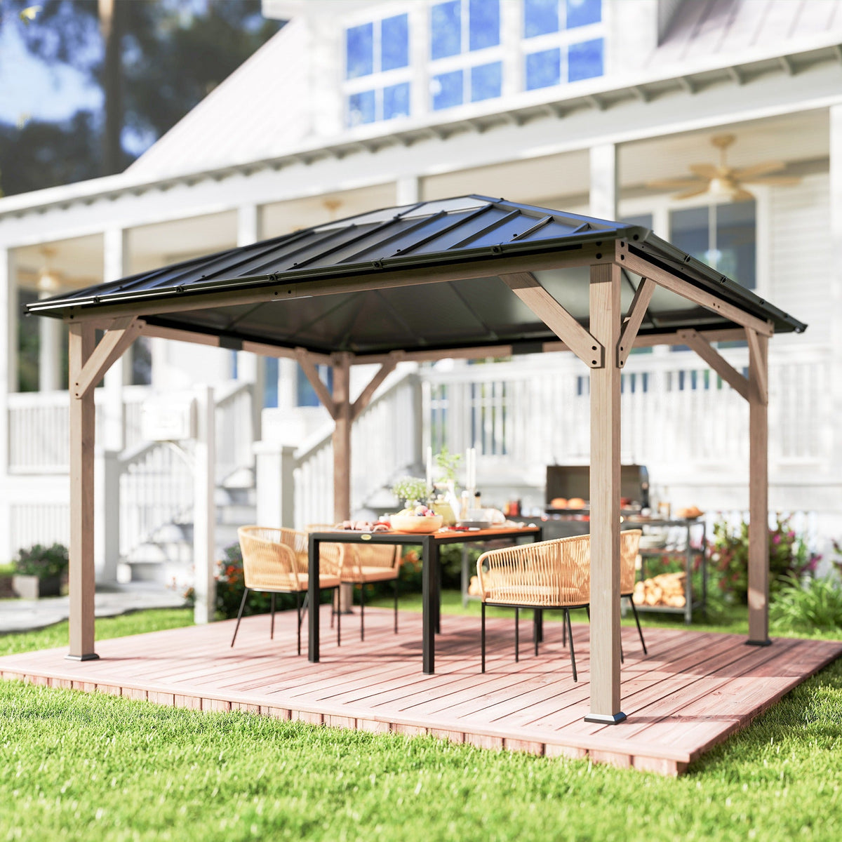 10' x 12' Wood Hardtop Gazebo with Clear Roof, Light Walnut