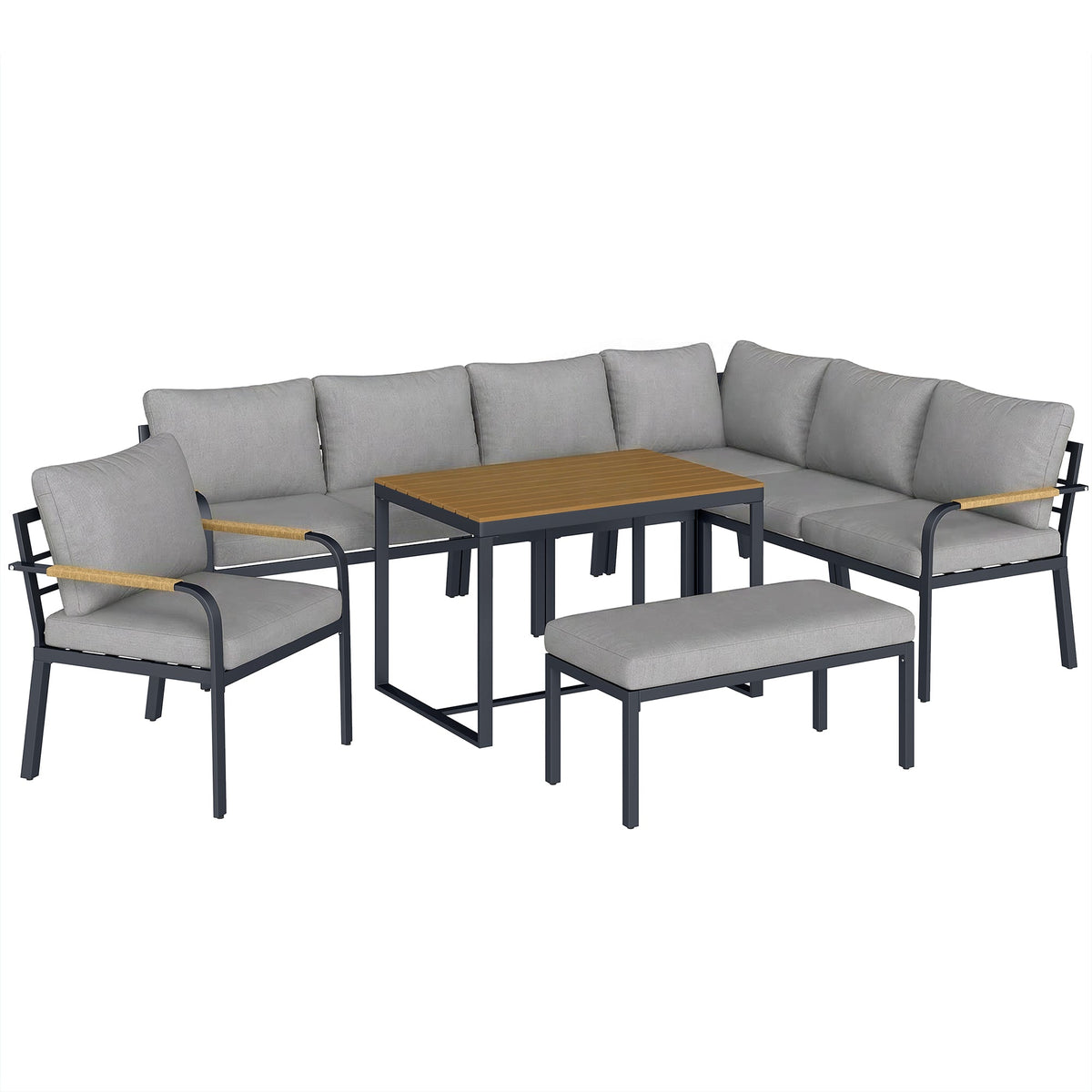 7 Seater Garden Furniture Set with Faux Wood Table, Light Grey
