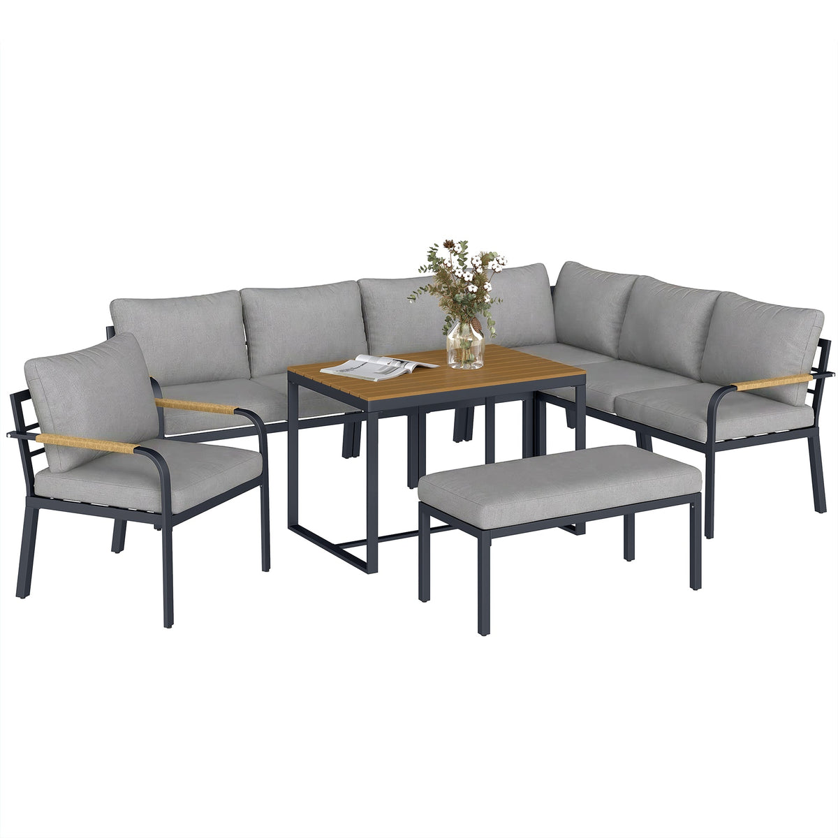 7 Seater Garden Furniture Set with Faux Wood Table, Light Grey