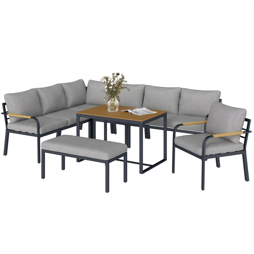 7 Seater Garden Furniture Set with Faux Wood Table, Light Grey