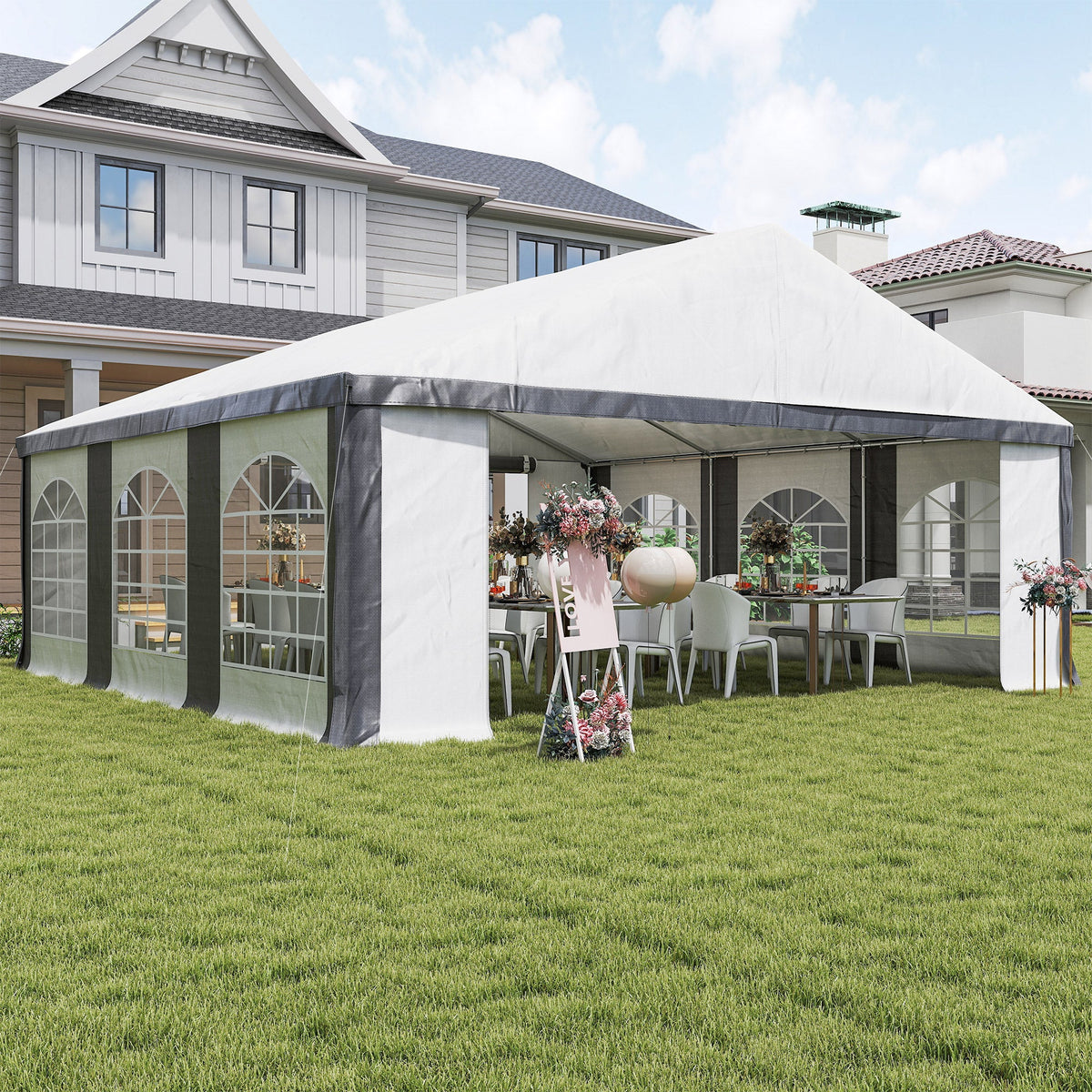 20' x 20' White & Gray Heavy-Duty Party Tent with Removable Walls, Double Doors