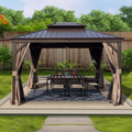 Kozyard Alexander Hardtop Gazebo, Aluminum Frame with Galvanized Steel Double Roof, Outdoor Permanent Pavilion with Curtains and Netting for Patio, Backyard, Deck, Lawn