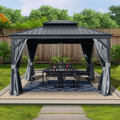 Kozyard Alexander 10' X 12' Hardtop Gazebo, Aluminum Metal Gazebo with Galvanized Steel Double Roof Canopy, Curtain and Netting, Gray