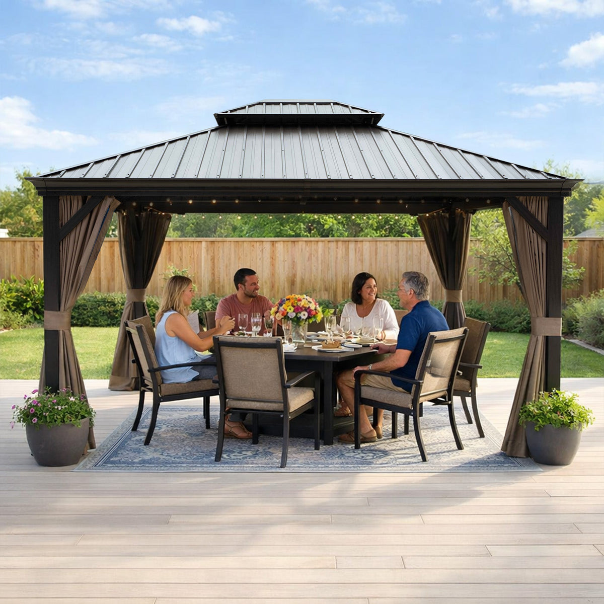 Kozyard Alexander Hardtop Gazebo, Aluminum Frame with Galvanized Steel Double Roof, Outdoor Permanent Pavilion with Curtains and Netting for Patio, Backyard, Deck, Lawn