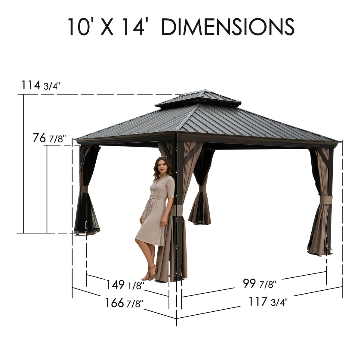 Kozyard Alexander Hardtop Gazebo, Aluminum Frame with Galvanized Steel Double Roof, Outdoor Permanent Pavilion with Curtains and Netting for Patio, Backyard, Deck, Lawn