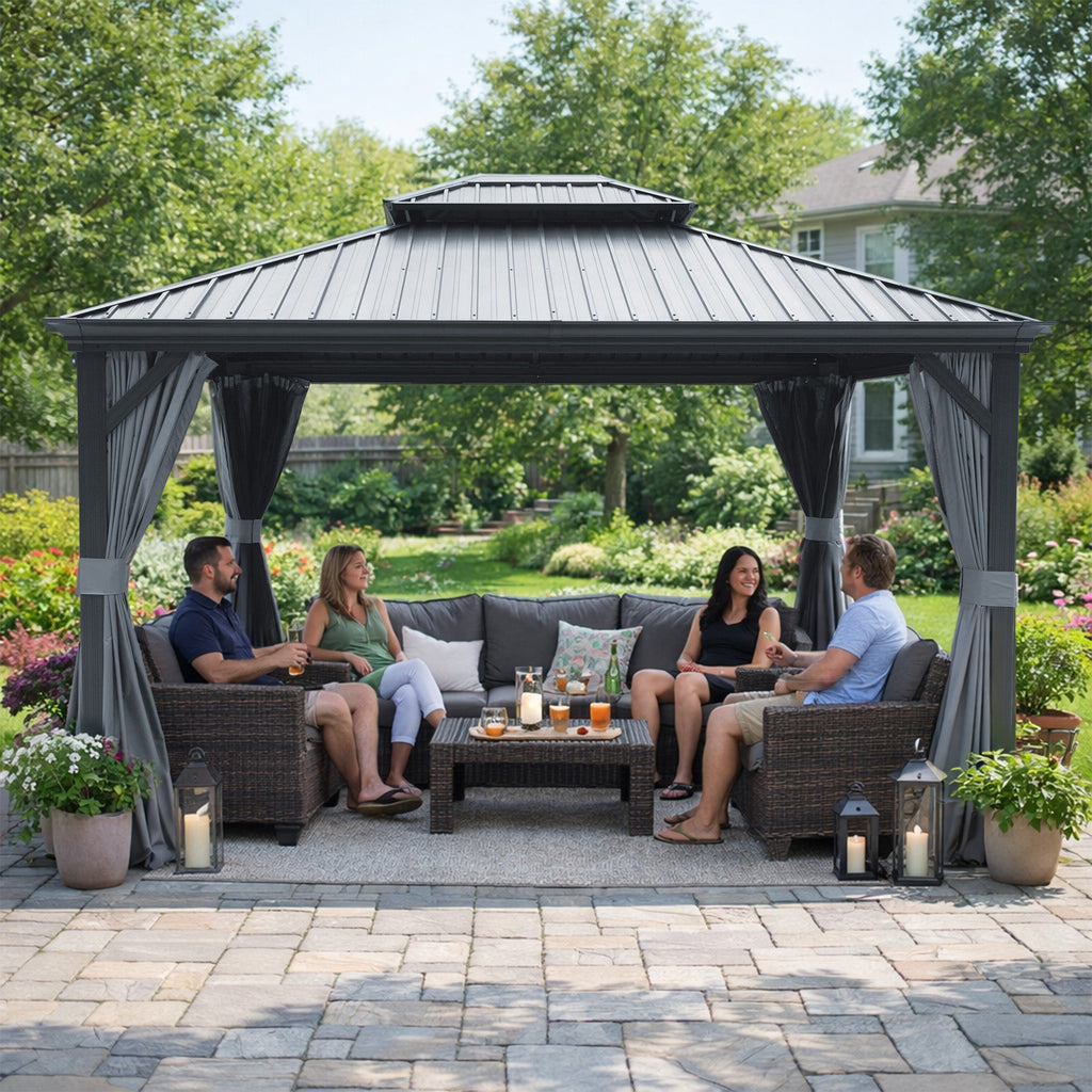 Kozyard Alexander Hardtop Gazebo, Aluminum Frame with Galvanized Steel Double Roof, Outdoor Permanent Pavilion with Curtains and Netting for Patio, Backyard, Deck, Lawn
