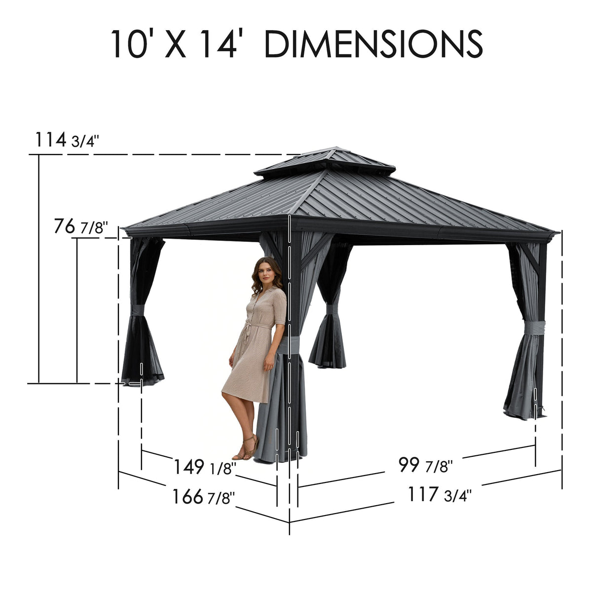 Kozyard Alexander Hardtop Gazebo, Aluminum Frame with Galvanized Steel Double Roof, Outdoor Permanent Pavilion with Curtains and Netting for Patio, Backyard, Deck, Lawn