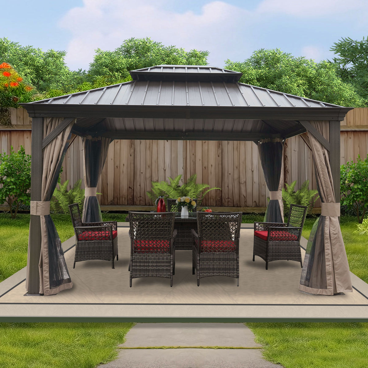 Kozyard Alexander Hardtop Gazebo, Aluminum Frame with Galvanized Steel Double Roof, Outdoor Permanent Pavilion with Curtains and Netting for Patio, Backyard, Deck, Lawn