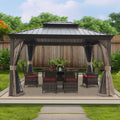Kozyard Alexander 12' x 12' Hardtop Gazebo, Aluminum Frame with Galvanized Steel Double Roof, Outdoor Permanent Pavilion with Curtains and Netting for Patio, Backyard, Deck, Lawn (Brown)