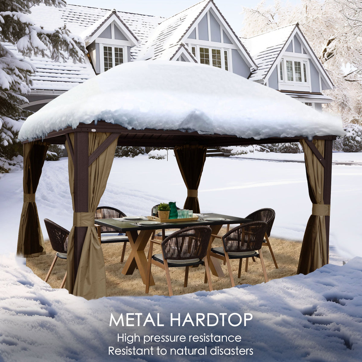 Kozyard Alexander 12' x 12' Hardtop Gazebo, Aluminum Frame with Galvanized Steel Double Roof, Outdoor Permanent Pavilion with Curtains and Netting for Patio, Backyard, Deck, Lawn (Brown)