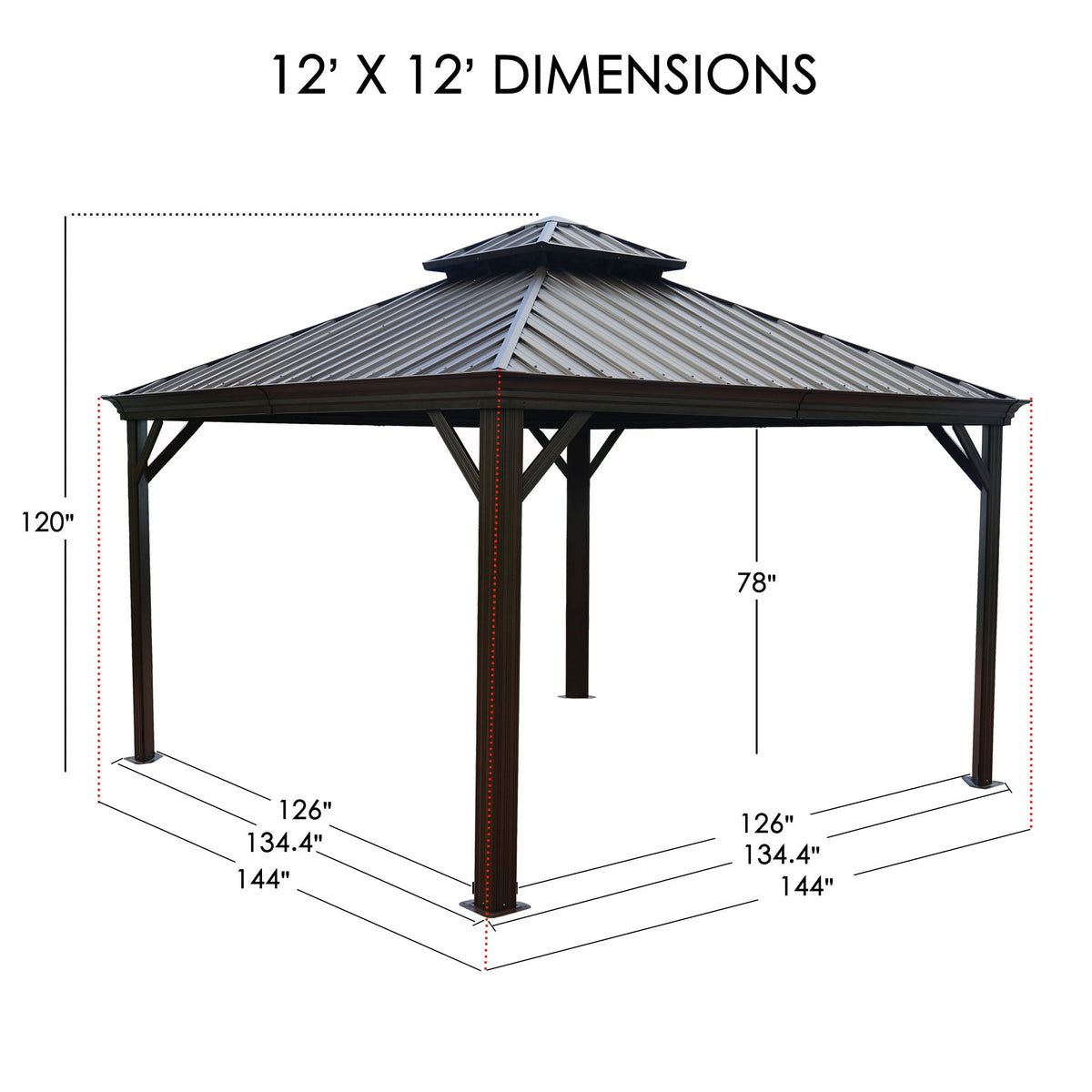 Kozyard Alexander 12' x 12' Hardtop Gazebo, Aluminum Frame with Galvanized Steel Double Roof, Outdoor Permanent Pavilion with Curtains and Netting for Patio, Backyard, Deck, Lawn (Brown)