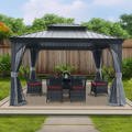 Kozyard Alexander 12' x 12' Hardtop Gazebo, Aluminum Frame with Galvanized Steel Double Roof, Outdoor Permanent Pavilion with Curtains and Netting for Patio, Backyard, Deck, Lawn Gray