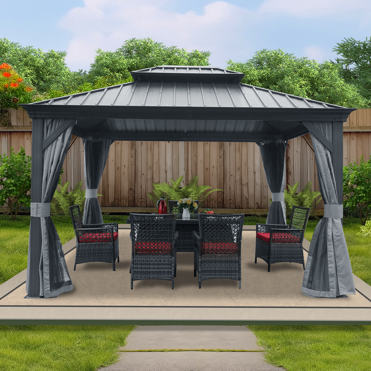 Kozyard Alexander 12' x 12' Hardtop Gazebo, Aluminum Frame with Galvanized Steel Double Roof, Outdoor Permanent Pavilion with Curtains and Netting for Patio, Backyard, Deck, Lawn Gray