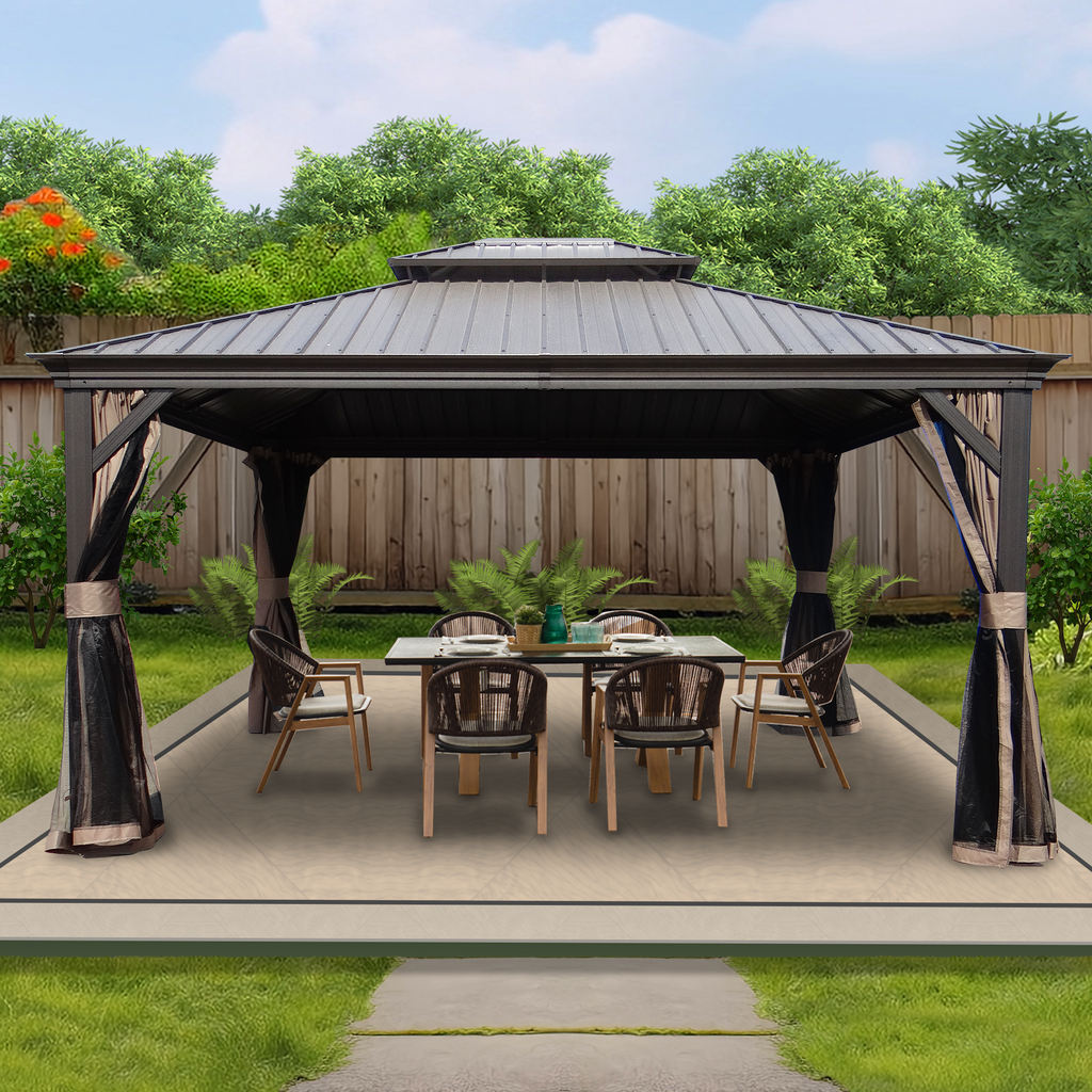 Kozyard Alexander 12' x 14' Hardtop Gazebo, Aluminum Frame with Galvanized Steel Double Roof, Outdoor Permanent Pavilion with Curtains and Netting for Patio, Backyard, Deck, Lawn Brown